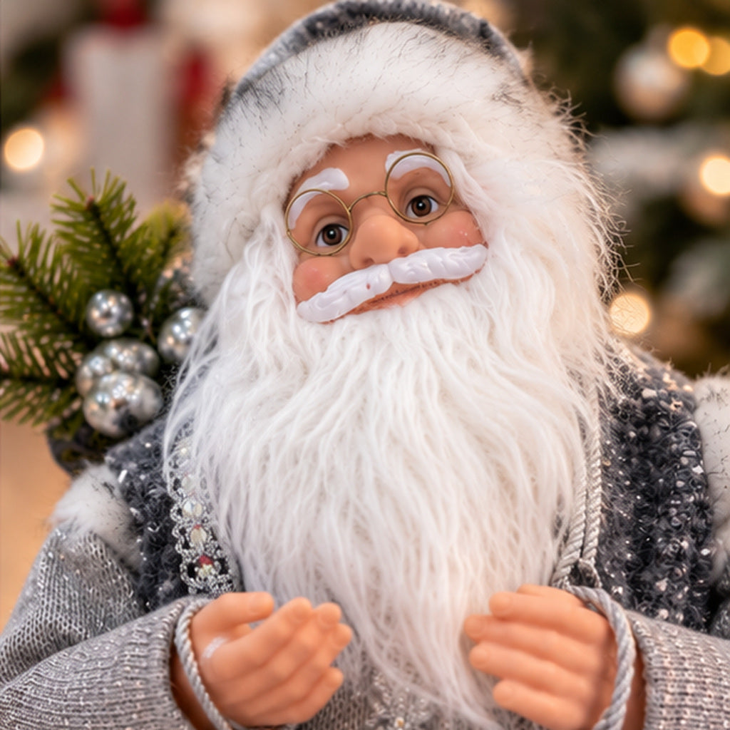 Silver Nordic Santa Claus Christmas Figurine with Lantern & Fur Trim – costume and face closeup view
