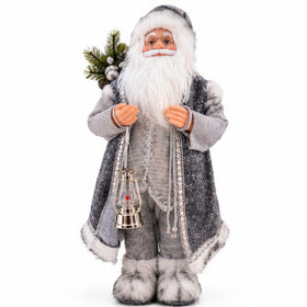 Silver Nordic Santa Claus Christmas Figurine with Lantern & Fur Trim – front view on white background