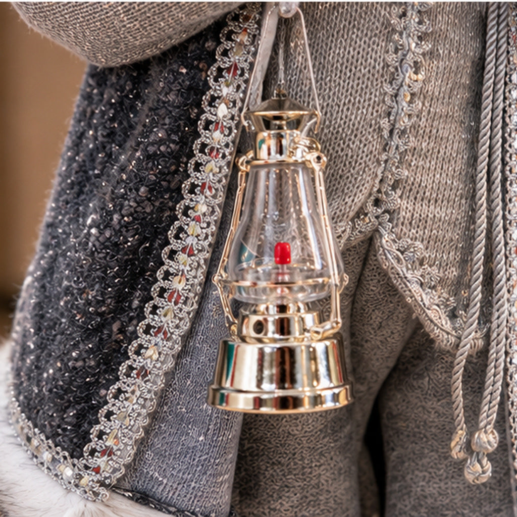 Silver Nordic Santa Claus Christmas Figurine with Lantern & Fur Trim – silver lantern detail view