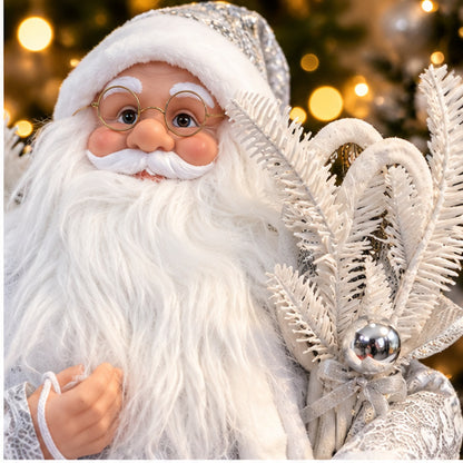 Silver & White Luxury Santa Claus Christmas Figurine with Faux-Fur Coat – closeup details view
