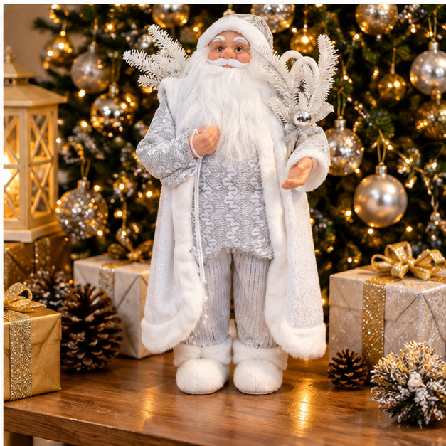 Silver & White Luxury Santa Claus Christmas Figurine with Faux-Fur Coat – festive Christmas holiday display