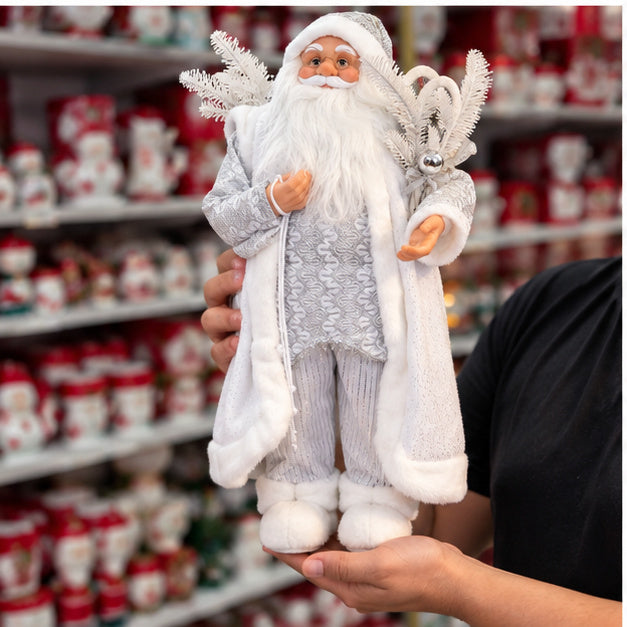 Silver & White Luxury Santa Claus Christmas Figurine with Faux-Fur Coat – handheld display view