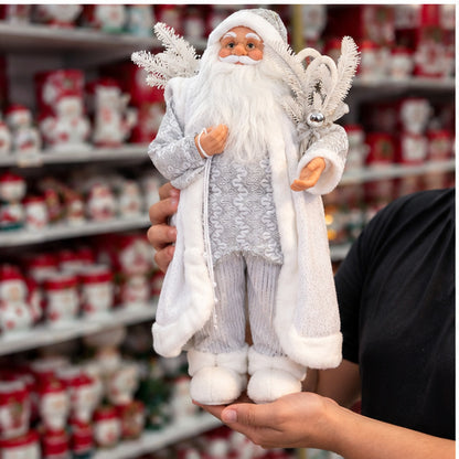 Silver & White Luxury Santa Claus Christmas Figurine with Faux-Fur Coat – handheld display view