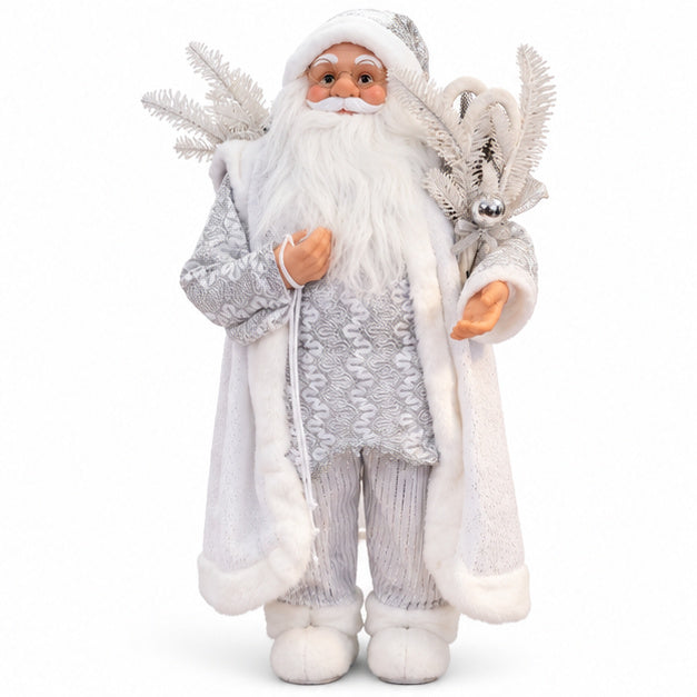Silver & White Luxury Santa Claus Christmas Figurine with Faux-Fur Coat – front view on white background