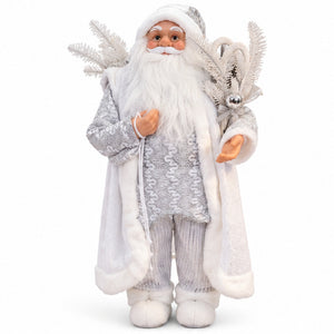 Silver & White Luxury Santa Claus Christmas Figurine with Faux-Fur Coat – front view on white background