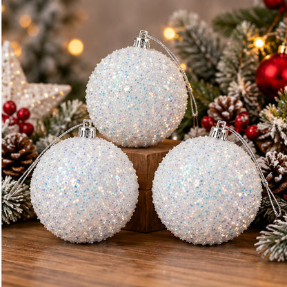 Sparkling Iridescent White Glitter Christmas Baubles – Set of 3 – festive Christmas tree lifestyle display