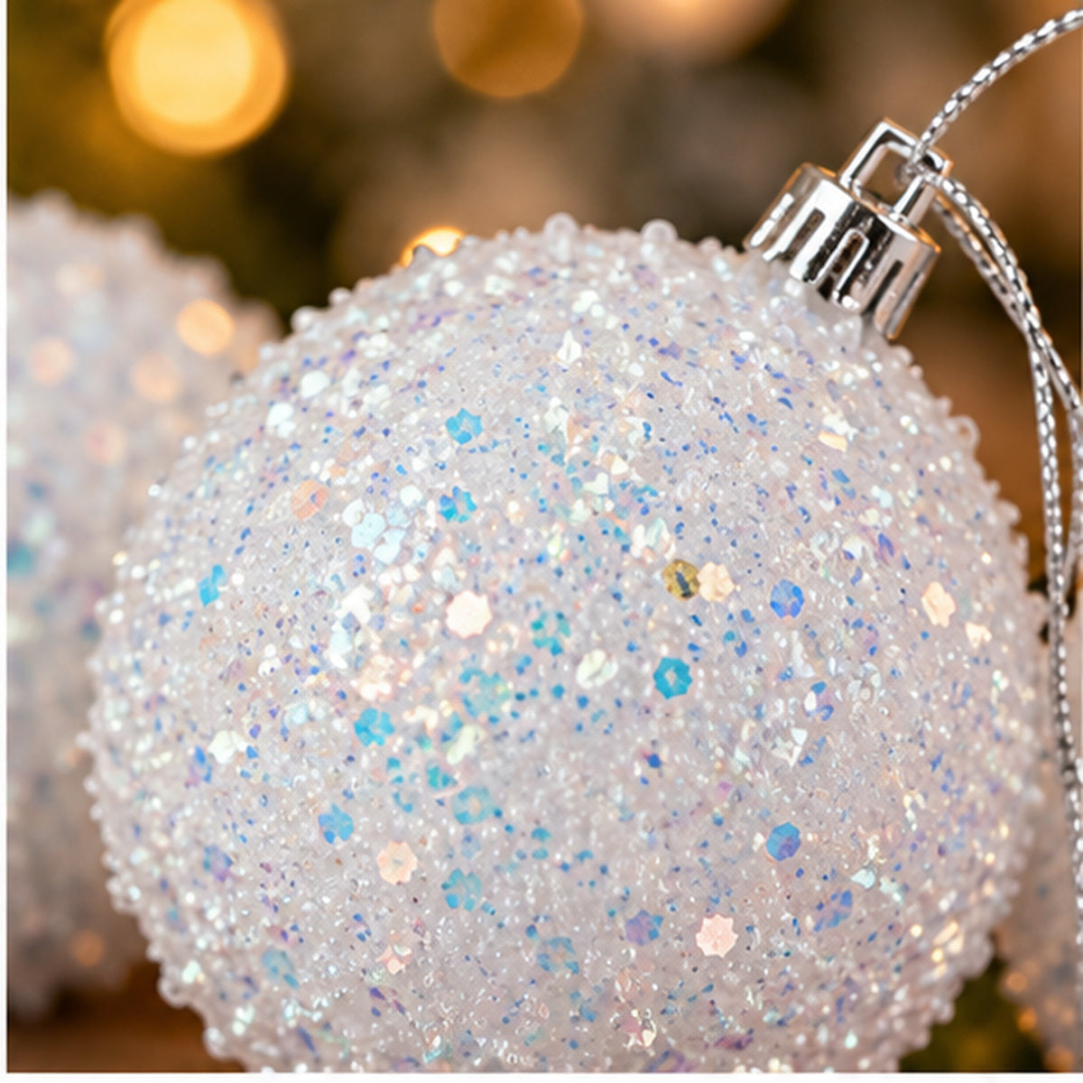Sparkling Iridescent White Glitter Christmas Baubles – Set of 3 – iridescent glitter texture closeup
