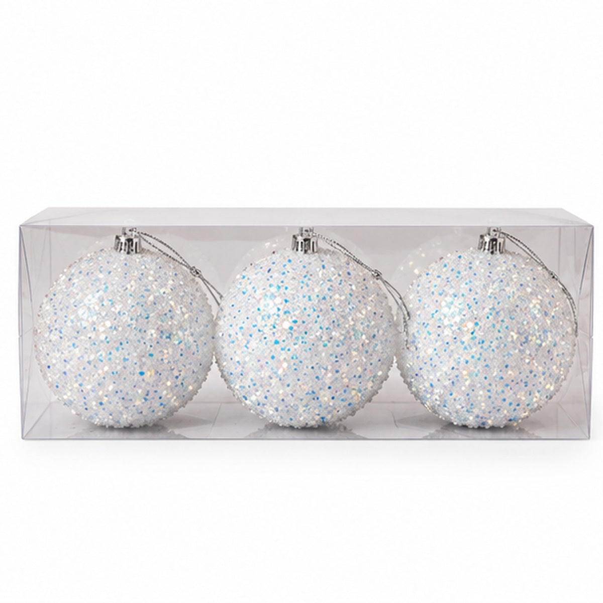 Sparkling Iridescent White Glitter Christmas Baubles – Set of 3 – boxed set on white background