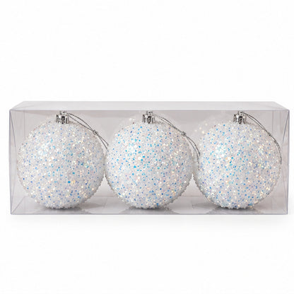 Sparkling Iridescent White Glitter Christmas Baubles – Set of 3 – boxed set on white background