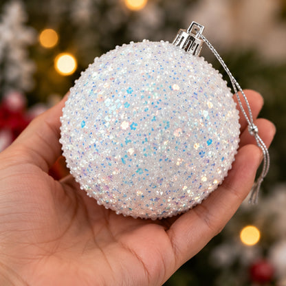 Sparkling Iridescent White Glitter Christmas Baubles – Set of 3 – scale view