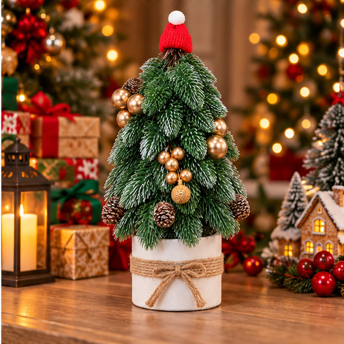 Tabletop Decorated Mini Christmas Tree with Santa Hat & Pot Base – festive Christmas lifestyle display