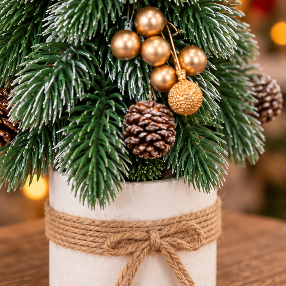 Tabletop Decorated Mini Christmas Tree with Santa Hat & Pot Base – gold berries, pinecones and pot detail
