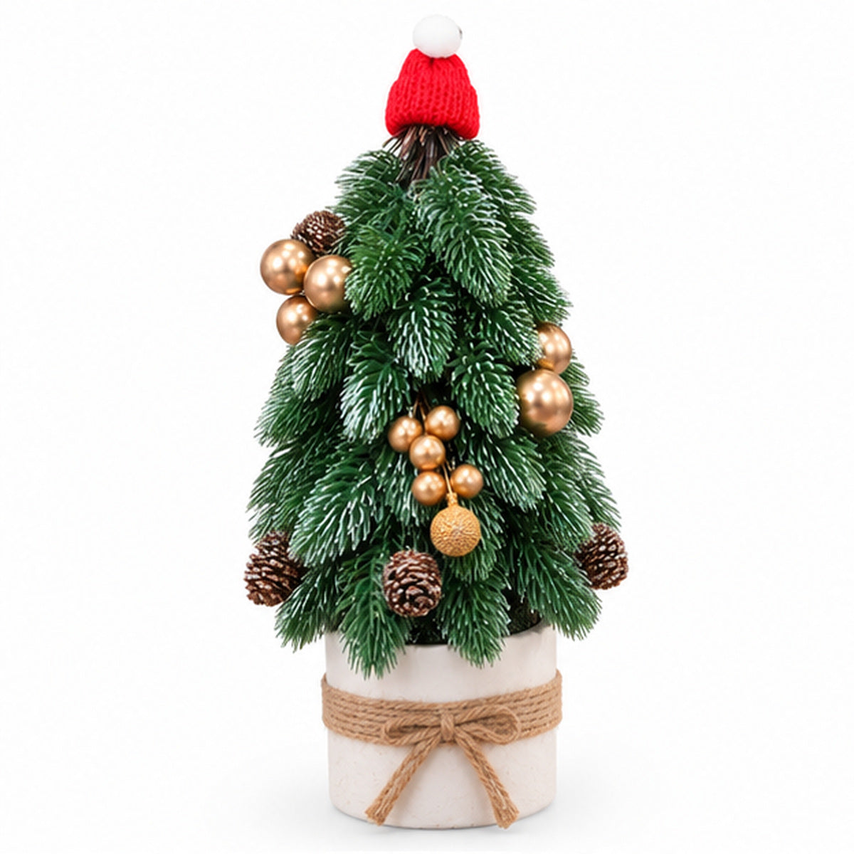 Tabletop Decorated Mini Christmas Tree with Santa Hat & Pot Base – front view on white background