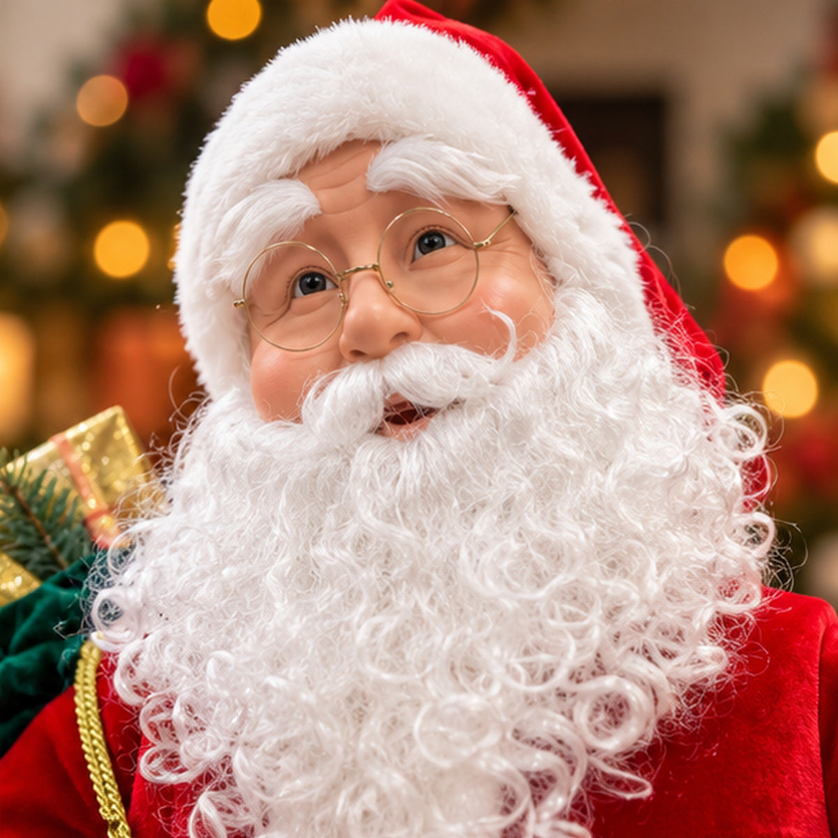 Traditional Standing Waving Santa Claus Christmas Figurine with Gift Sack – face and costume closeup view