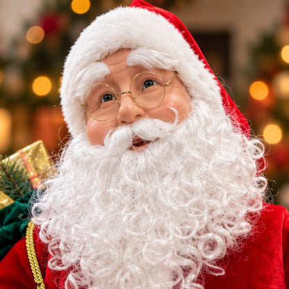 Traditional Standing Waving Santa Claus Christmas Figurine with Gift Sack – face and costume closeup view