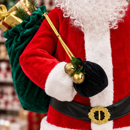 Traditional Standing Waving Santa Claus Christmas Figurine with Gift Sack – emerald gift sack and sleigh bells detail
