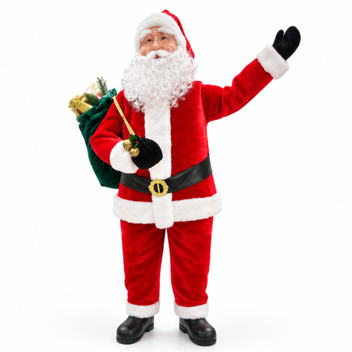 Traditional Standing Waving Santa Claus Christmas Figurine with Gift Sack – front view on white background