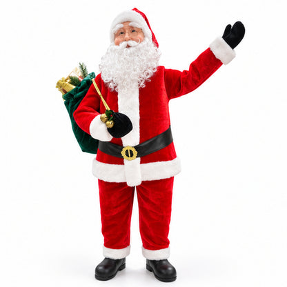 Traditional Standing Waving Santa Claus Christmas Figurine with Gift Sack – front view on white background