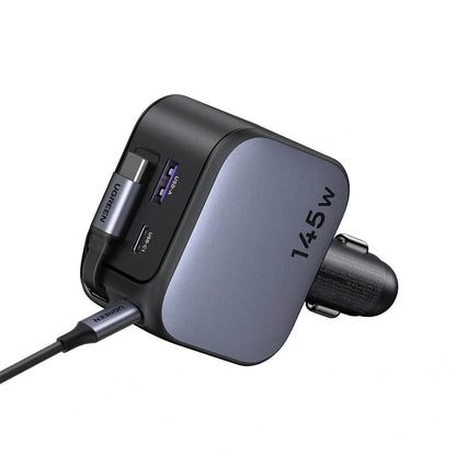 UGREEN 145W Retractable Cable With 2x Type-C+USB Car Charger – EC604 - 55910B - 2