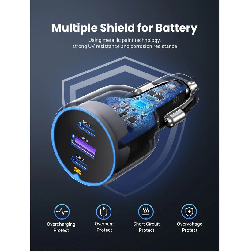 UGREEN 75W Dual Type-C & 1x USB Ports Metal Car Charger – EC703 - 35024 - 2
