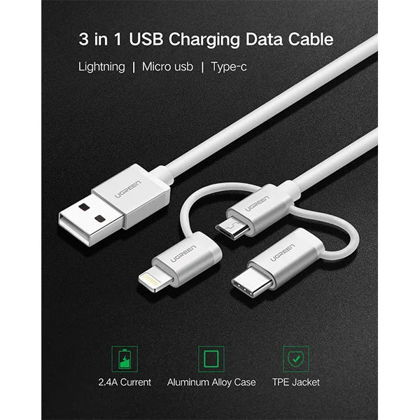 UGREEN MFi Certification 3-in-1 USB-A 2.0 Multifunction 1.5 Meter Cable with Braid – US186 - 50203 - 5