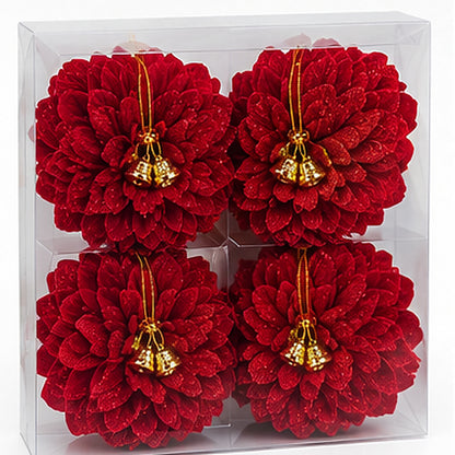Glittering Gold Layered Petal Christmas Baubles with Jingle Bells – Set of 4 – Velvet Festive Red variant view