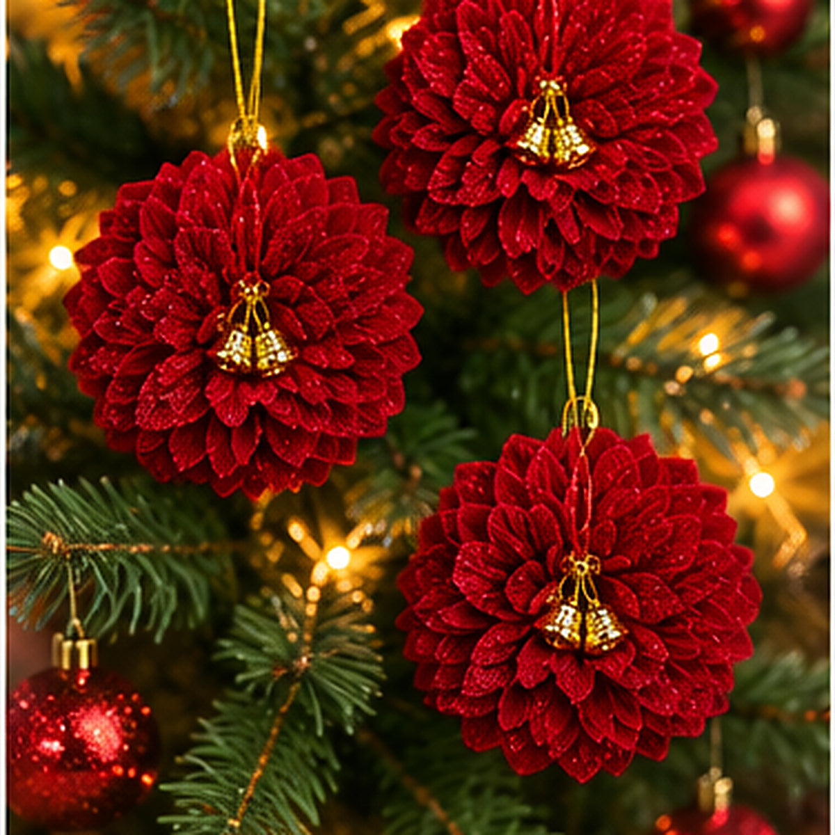 Glittering Gold Layered Petal Christmas Baubles with Jingle Bells – Set of 4 – Velvet Festive Red variant view
