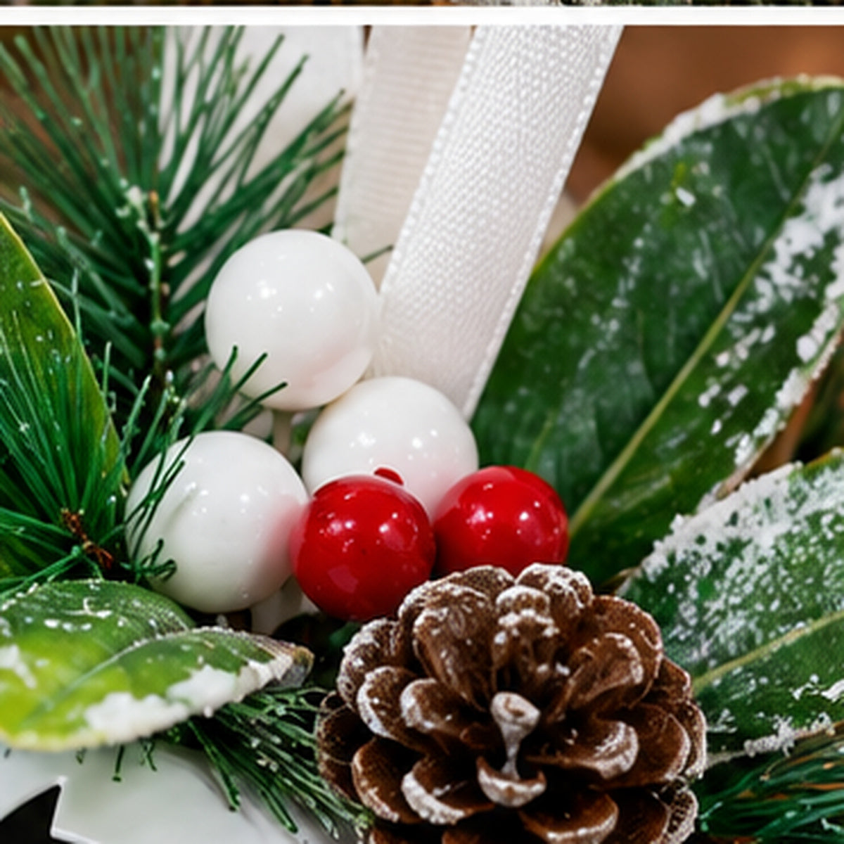 White Metal Jingle Bell Christmas Ornament with "MERRY" & Frosted Greenery – frosted greenery and pinecone topper closeup