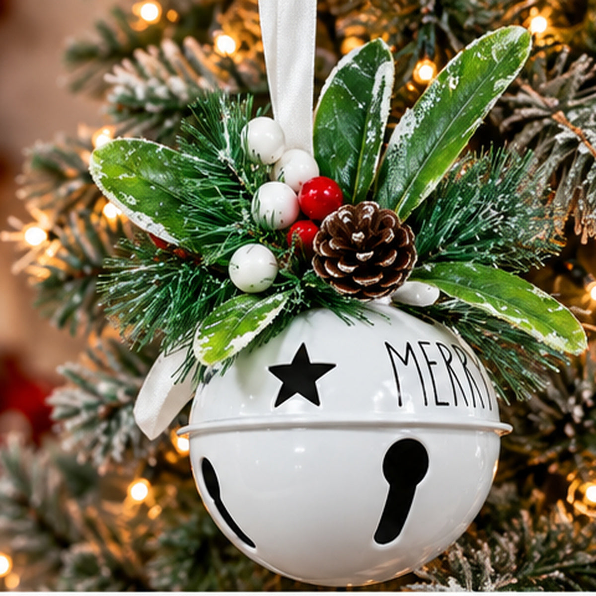 White Metal Jingle Bell Christmas Ornament with "MERRY" & Frosted Greenery – hanging on Christmas tree branch