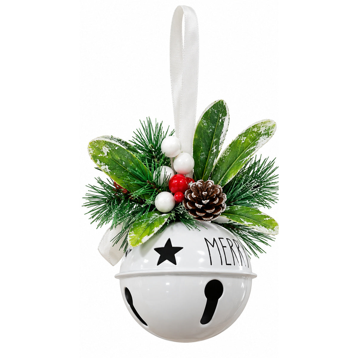 White Metal Jingle Bell Christmas Ornament with "MERRY" & Frosted Greenery – front view on white background