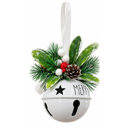 White Metal Jingle Bell Christmas Ornament with "MERRY" & Frosted Greenery – front view on white background
