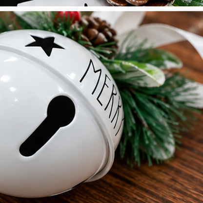 White Metal Jingle Bell Christmas Ornament with "MERRY" & Frosted Greenery – festive tabletop holiday display