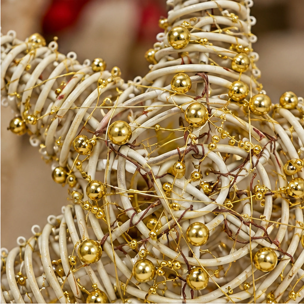 Woven Rattan Christmas Tree Topper Star with Gold Beads & Spiral Base – woven rattan and gold beads closeup view