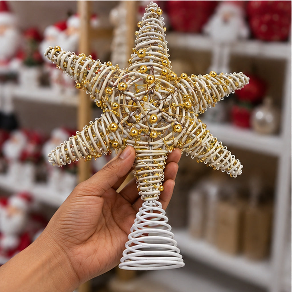 Woven Rattan Christmas Tree Topper Star with Gold Beads & Spiral Base – handheld scale view