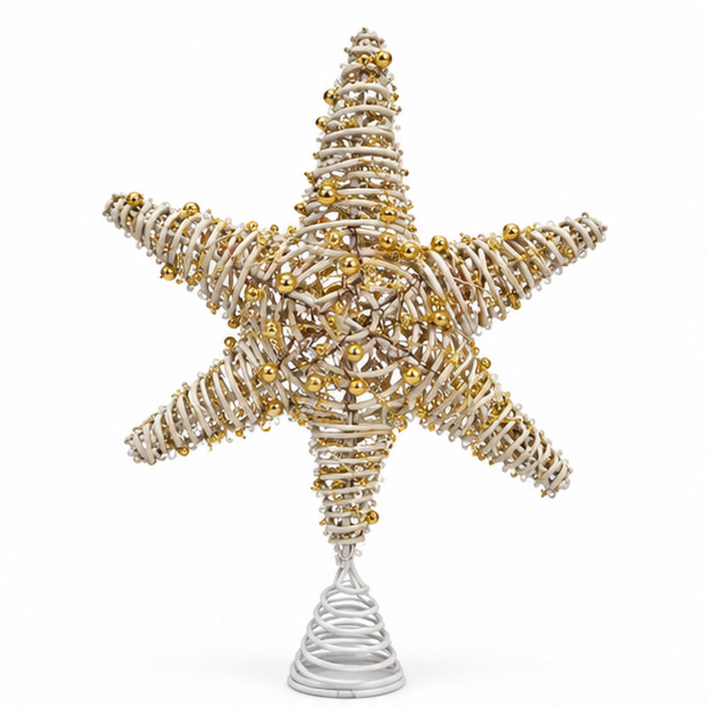 Woven Rattan Christmas Tree Topper Star with Gold Beads & Spiral Base – front view on white background