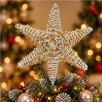Woven Rattan Christmas Tree Topper Star with Gold Beads & Spiral Base – festive Christmas tree display